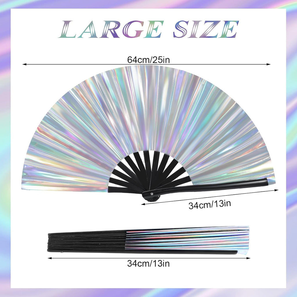 Large Folding Hand Rave Fan, 13" Glitter Holographic Rave Folding Fan for Lridescent Festivals Rainbow Outfits Disco Party Home Decoration and Cooling in Various Occasions