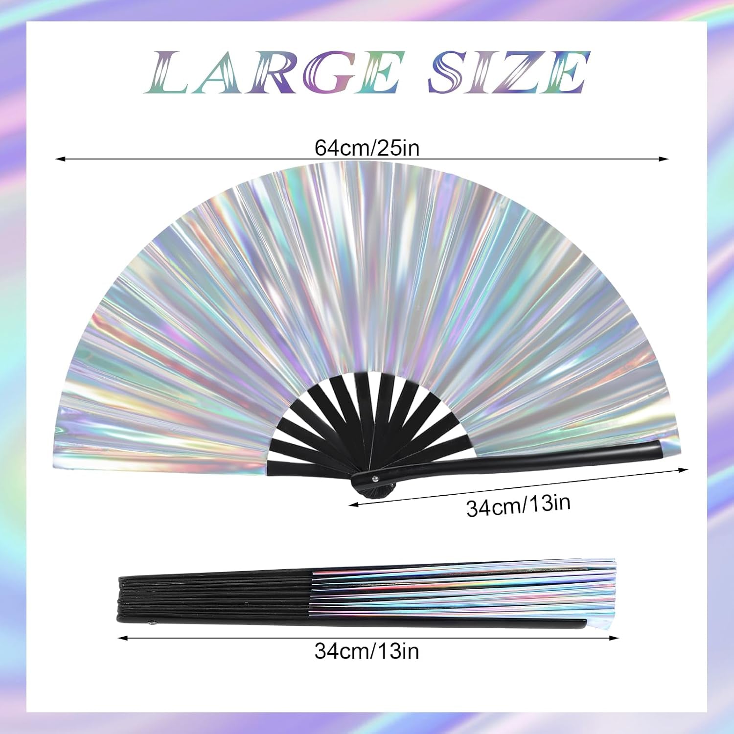 Large Folding Hand Rave Fan, 13" Glitter Holographic Rave Folding Fan for Lridescent Festivals Rainbow Outfits Disco Party Home Decoration and Cooling in Various Occasions