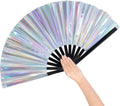 Large Folding Hand Rave Fan, 13" Glitter Holographic Rave Folding Fan for Lridescent Festivals Rainbow Outfits Disco Party Home Decoration and Cooling in Various Occasions