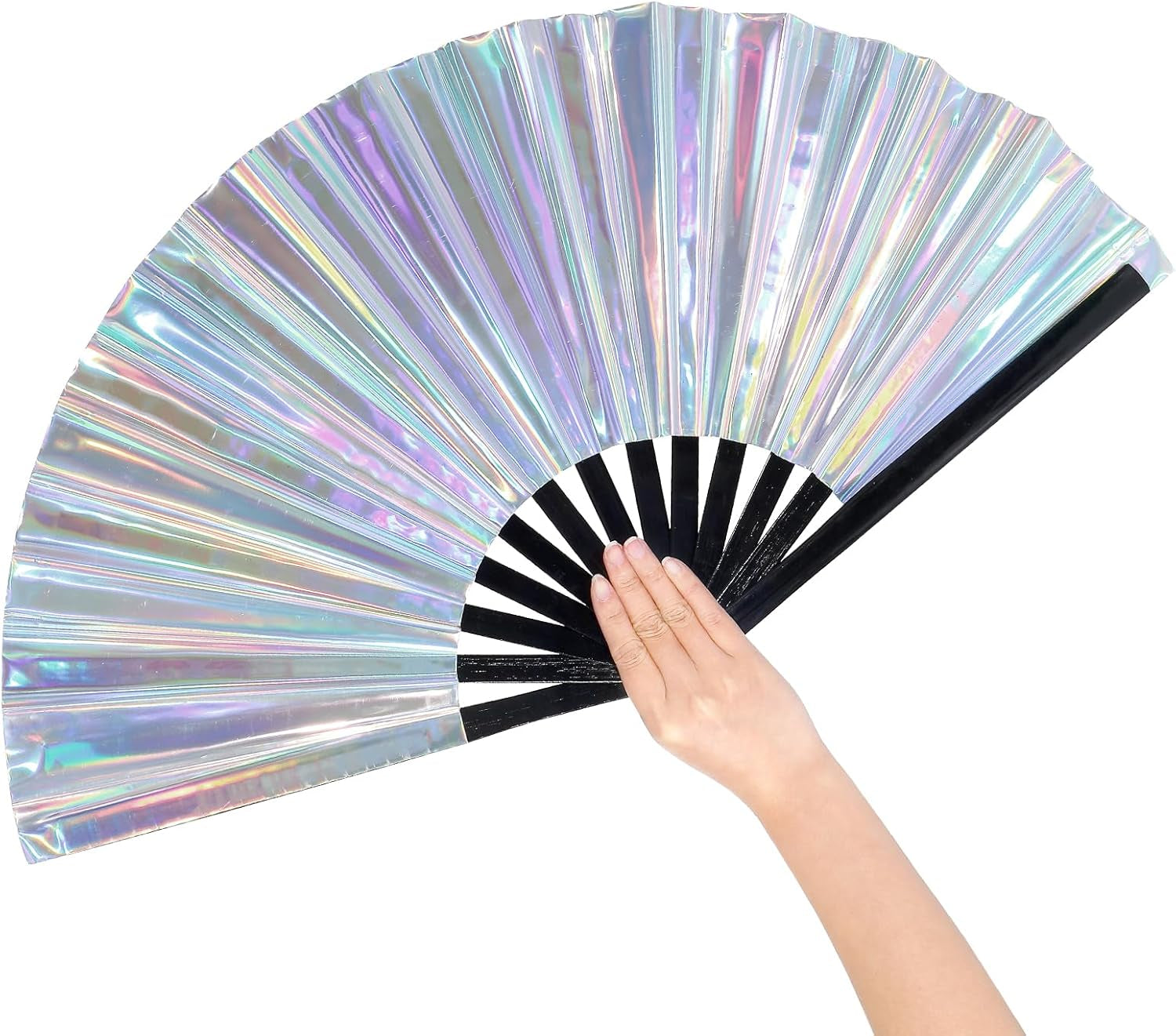 Large Folding Hand Rave Fan, 13" Glitter Holographic Rave Folding Fan for Lridescent Festivals Rainbow Outfits Disco Party Home Decoration and Cooling in Various Occasions