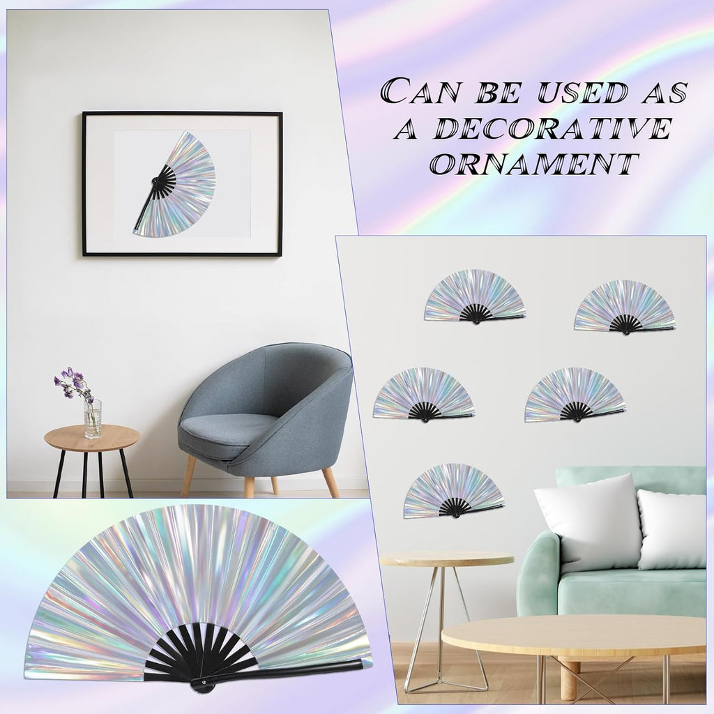 Large Folding Hand Rave Fan, 13" Glitter Holographic Rave Folding Fan for Lridescent Festivals Rainbow Outfits Disco Party Home Decoration and Cooling in Various Occasions
