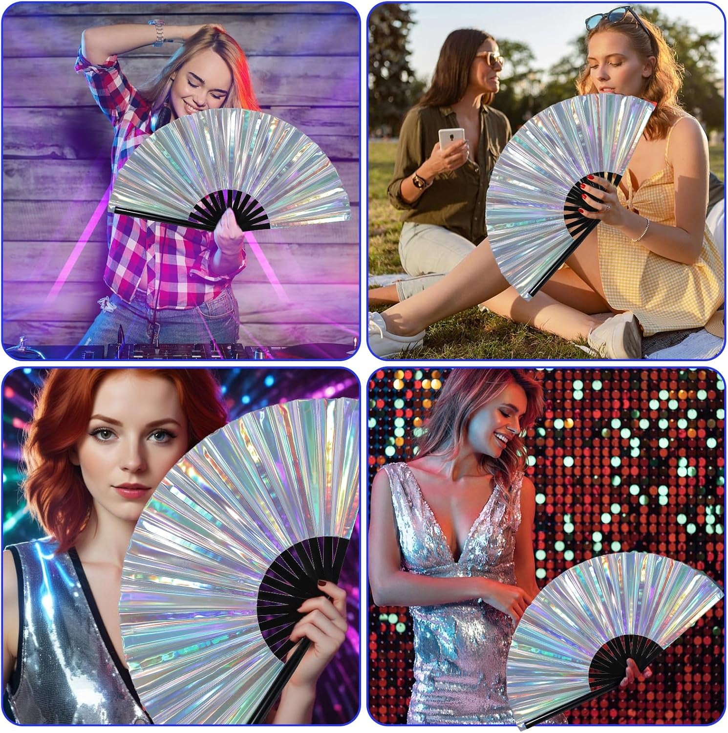 Large Folding Hand Rave Fan, 13" Glitter Holographic Rave Folding Fan for Lridescent Festivals Rainbow Outfits Disco Party Home Decoration and Cooling in Various Occasions