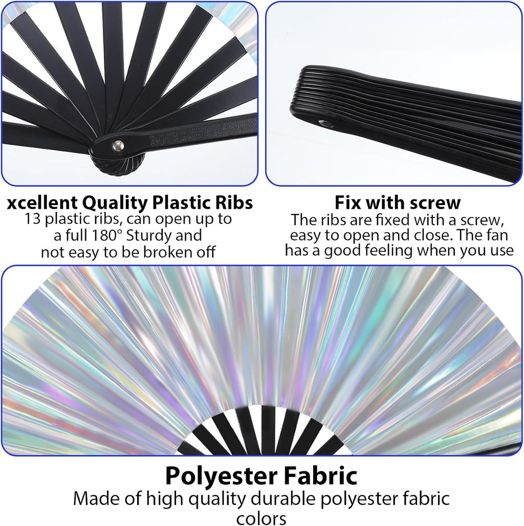 Large Folding Hand Rave Fan, 13" Glitter Holographic Rave Folding Fan for Lridescent Festivals Rainbow Outfits Disco Party Home Decoration and Cooling in Various Occasions