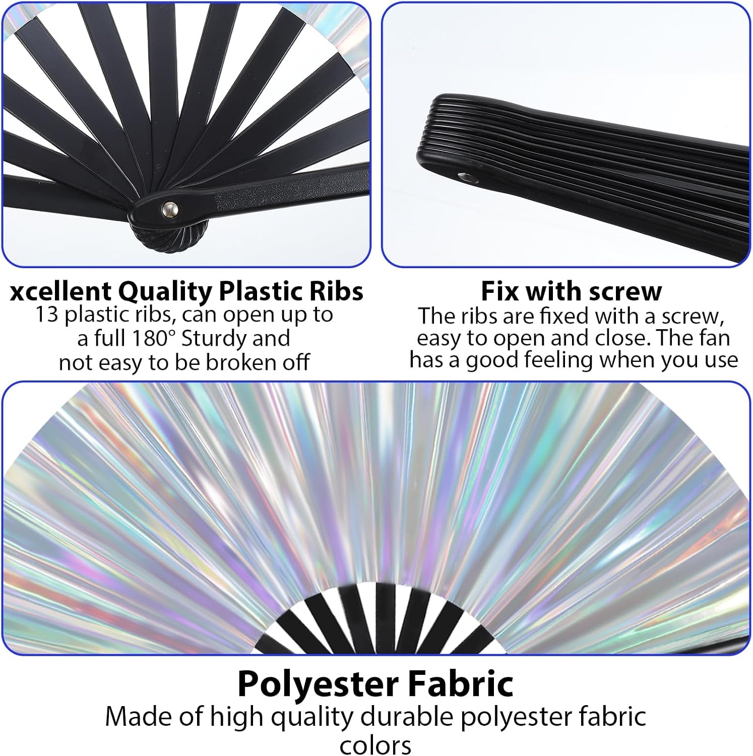 Large Folding Hand Rave Fan, 13" Glitter Holographic Rave Folding Fan for Lridescent Festivals Rainbow Outfits Disco Party Home Decoration and Cooling in Various Occasions